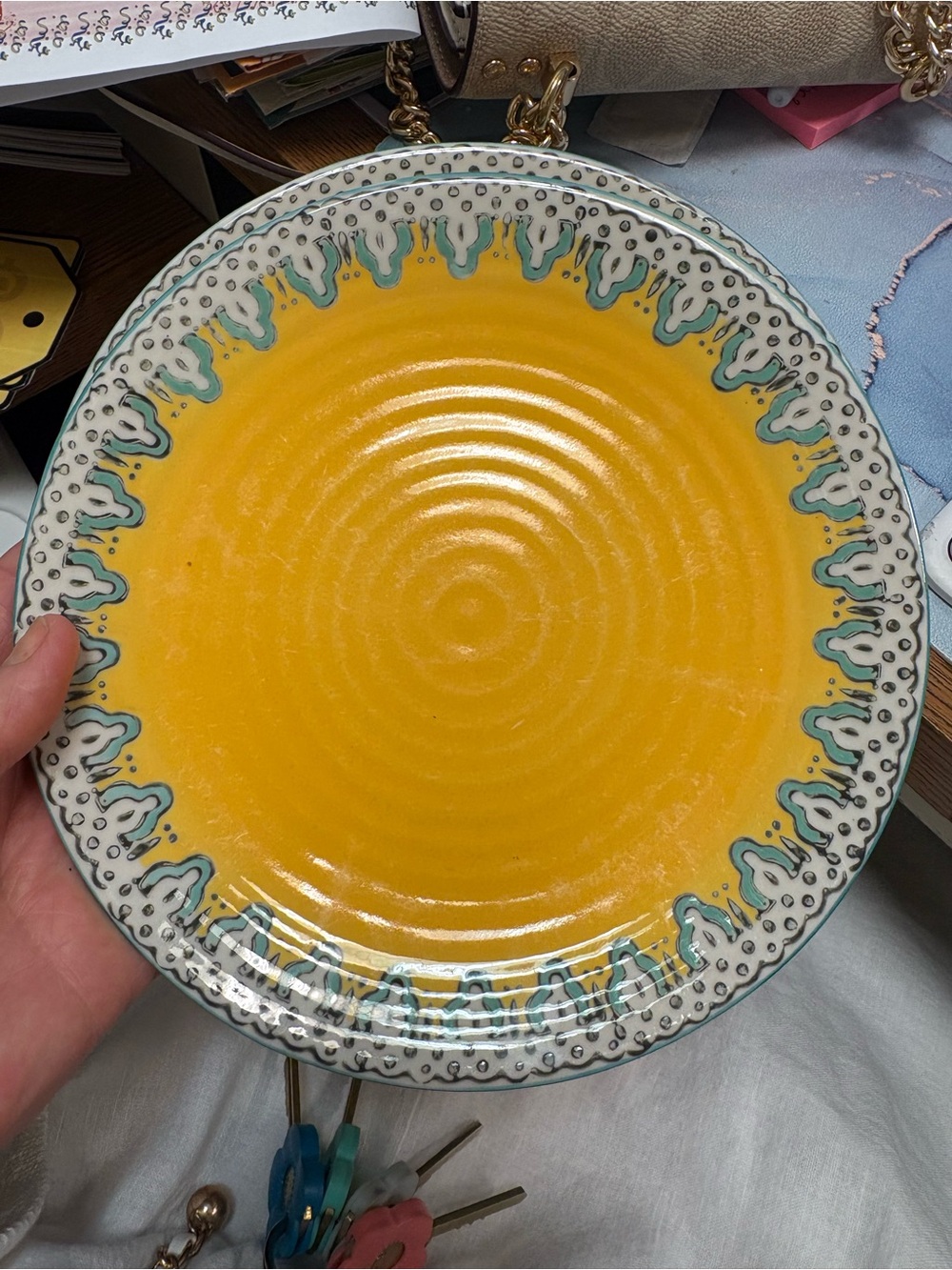 LOT OF 2 Anthropologie Elka Ayaka Ceramic Salad Luncheon Plates Lemon Sea Foam